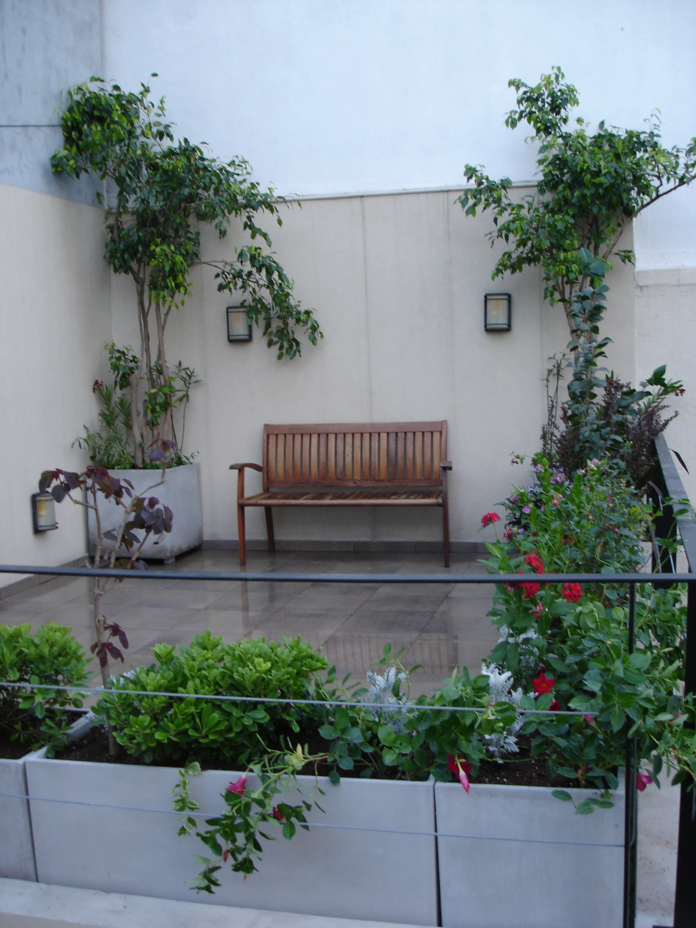 La misma terraza después, con banco, arbolitos y canteros florecidos